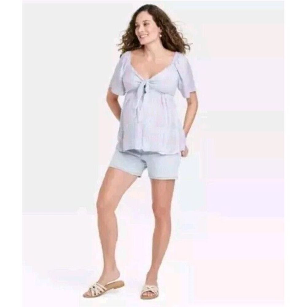 ISABEL MATERNITY Blouse Pastel Plaid Tie Front Short Sleeve 100% Rayon Size XL